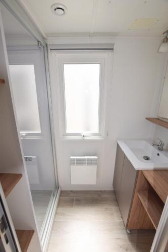 une salle de bain avec un lavabo et une fenêtre dans l'établissement SevServices aux Dunes de Contis, à Saint-Julien-en-Born