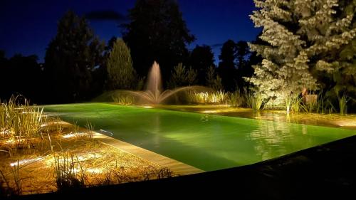 a green pond with a fountain at night at Villa Romana Mazury in Jeziorowskie