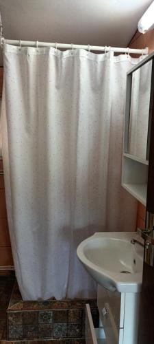 Un baño con cortina de ducha y lavabo. en Casa Eden, en Ploca