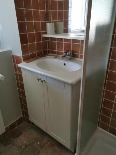 a bathroom with a white sink and a shower at Chambre d'hote Gîte Le Tilleul in Le Martinet