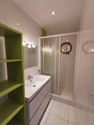 une salle de bain blanche avec un lavabo et une douche dans l'établissement Appartement avec 3 chambres Nantes, Pont du cens, à Orvault