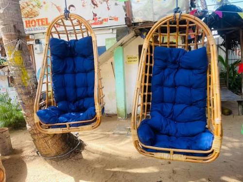 two bamboo baskets with blue cushions sitting next to a tree at Star Rest Beach Hotel in Arugam Bay