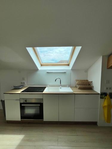 Il comprend une cuisine avec un évier et une lucarne. dans l'établissement Appartement atypique proche colmar, à Horbourg-Wihr