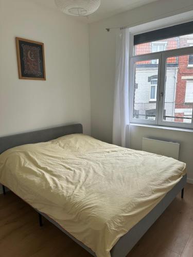 un lit dans une chambre avec une fenêtre dans l'établissement Sweet mother share studio, à Lille