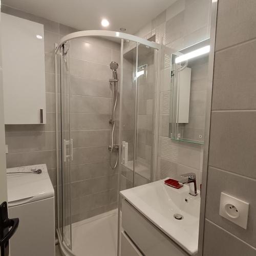 une salle de bain avec douche et lavabo dans l'établissement T2 RDC, terrasse au calme, Résidence avec piscine, à Argelès-sur-Mer