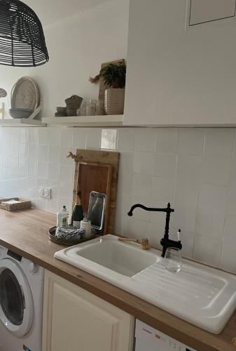 une cuisine avec un évier et une machine à laver dans l'établissement Appartement vue mer proche de Bastia, à Bastia