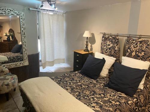 a bedroom with a bed and a large mirror at LA PASTOURELLE in Saint-Chinian