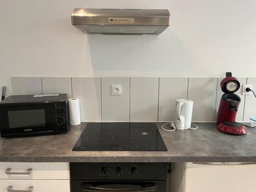a kitchen with a stove top oven and a microwave at Zen Studio Center Toulon in Toulon