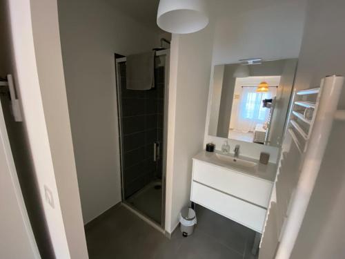 une salle de bain avec une douche, un lavabo et un miroir dans l'établissement Ravissante villa neuve à 400 mètres des plages, à Grimaud