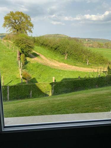 a view of a green field from a window at les gîtes de la cuesta in Henneveux