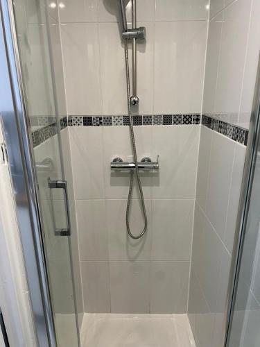 une cabine de douche avec une porte en verre et une douche. dans l'établissement Île des Caraïbes, à Paris