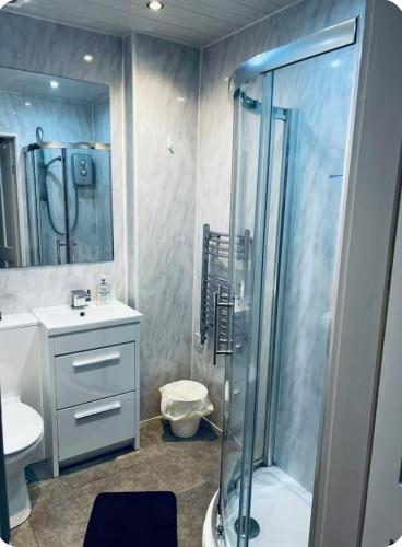 a bathroom with a shower and a sink at Homely in Hampden in Glasgow