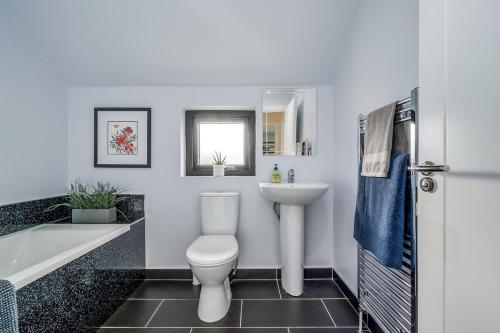 a bathroom with a toilet and a sink and a tub at City Line Apartment 5 in Carnmoney