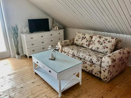 a living room with a couch and a table at Haus am See mit Privatstrand, Kamin und Sauna in Löbnitz