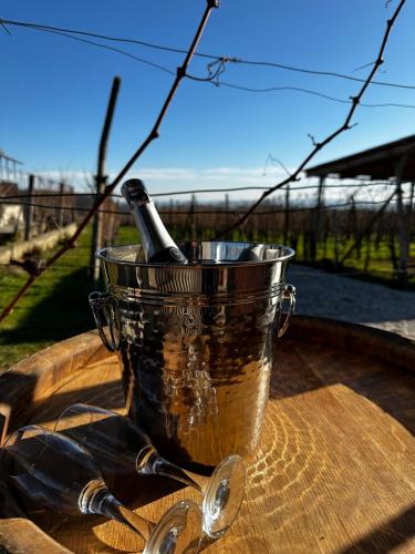 a bucket with a bottle of champagne sitting on a table at Hiška pri Paulu in Dobrovnik