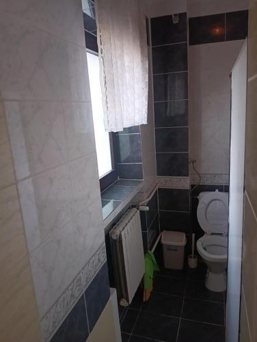 a small bathroom with a toilet and a window at U Jaśka in Darłówko