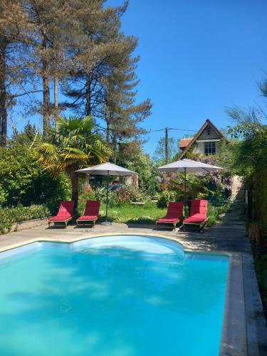 a swimming pool with chairs and umbrellas at La Maisonnette de la Danasha in Viglain