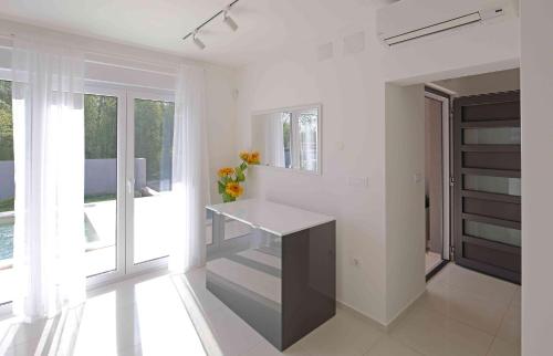 a white kitchen with a counter and some windows at Villa Dobranka in Barban