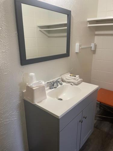 a bathroom with a white sink and a mirror at Relax Inn in Indianapolis