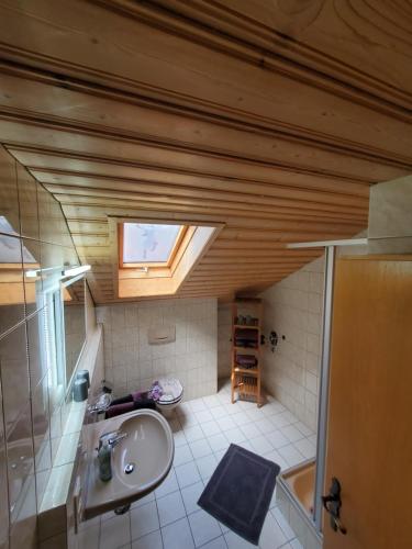 a bathroom with a sink and a window at Biohof Dimper - HühnerNest in Saulgrub