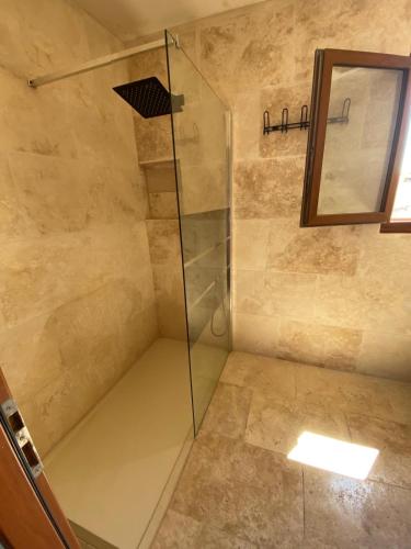 d'une douche avec une porte en verre et un miroir. dans l'établissement Immense villa avec piscine, à Vergèze