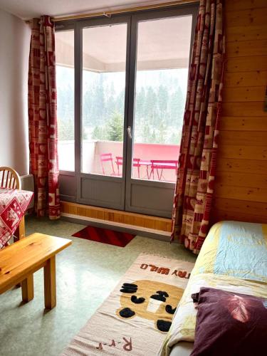 Cette chambre comprend un lit et une grande fenêtre. dans l'établissement Studio la Bresse pied des pistes, à La Bresse