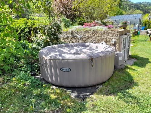 a large tub sitting in the grass in a yard at Ubytování pod Věží in Teplice nad Metují