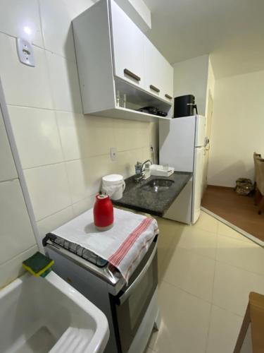 a kitchen with a sink and a red object on a counter at Acomodação perfeita no Aeroporto in Juiz de Fora
