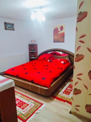 a bedroom with a large bed with a red comforter at Casa Emilia in Baia de Fier