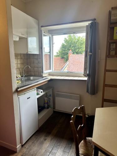 une petite cuisine avec un évier et une fenêtre dans l'établissement Studio vue cathédrale St-Bénigne Dijon, à Dijon