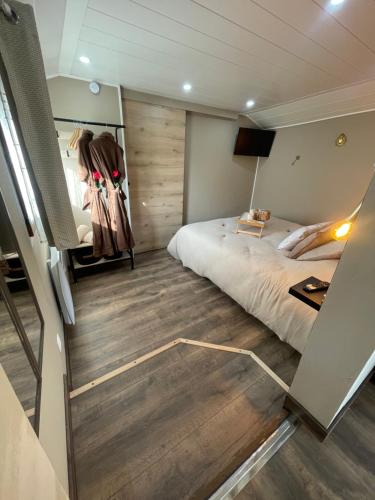 a small bedroom with a bed and a mirror at Le petit chalet in Brêmes