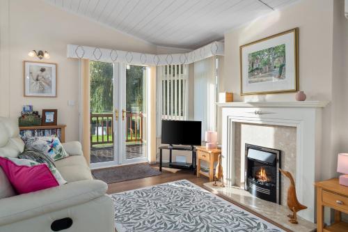 a living room with a fireplace and a tv at Kingfisher Lodge in Stratford upon Avon in Alveston