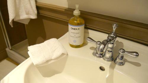a bathroom sink with a bottle of soap and a towel at Bailey House Bed and Breakfast in Annapolis Royal