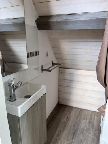 La salle de bains est pourvue d'un lavabo et de parquet. dans l'établissement Villa des 4 saisons, à Cucq