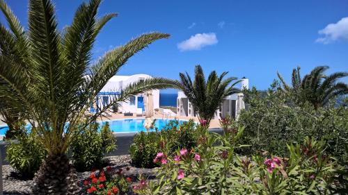 ośrodek z basenem, palmami i kwiatami w obiekcie Laokasti Villas w mieście Oia