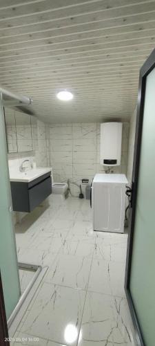 a white bathroom with a sink and a toilet at LEYLİ GABAN VİLLA in Çaykara