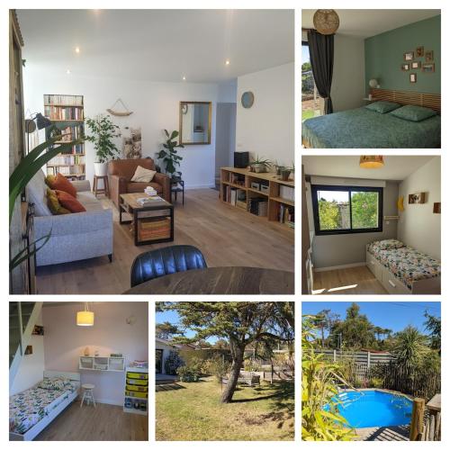 un collage de quatre photos d'une pièce dans l'établissement Family home with garden, pool and beach within walking distance, à Lacanau