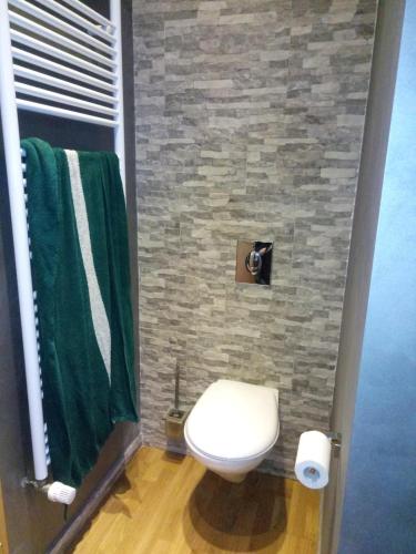 a bathroom with a toilet and a green towel at Beautiful apartment F4 Suite Manon in Joeuf