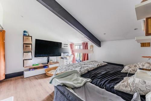 une chambre avec un lit et une télévision à écran plat dans l'établissement Maison clôturée, piscine privée, à Saint-Pierre-de-Bat