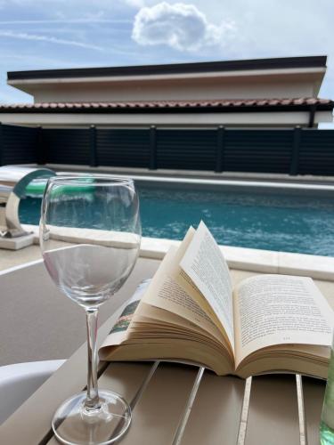 a glass of wine and a book on a table at Apartman Dora in Šmrika