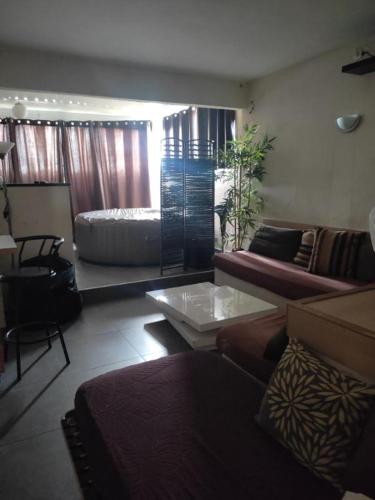 un salon avec un canapé et un lit dans l'établissement Ajaccio JACUZZI VUE MER ET MONTAGNES 300 METRES DES PLAGESS, à La Celle-sous-Gouzon