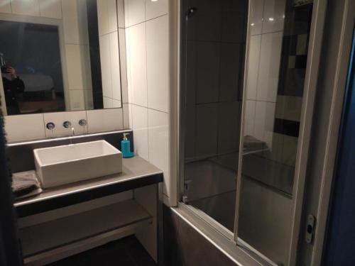 une salle de bain avec un lavabo et une douche dans l'établissement Ajaccio JACUZZI VUE MER ET MONTAGNES 300 METRES DES PLAGESS, à La Celle-sous-Gouzon