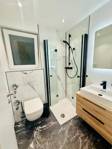 a bathroom with a shower and a toilet and a sink at Ferienstube Norderney in Norderney