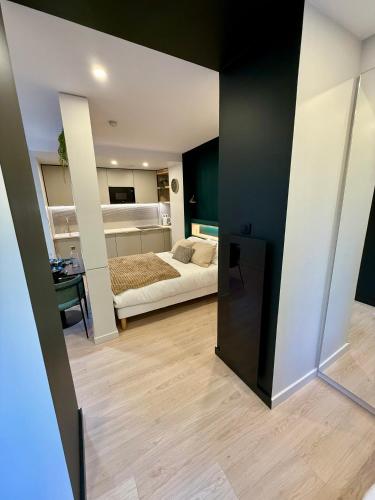 une chambre avec un lit et un bureau dans une pièce dans l'établissement Calme & Élégance Studio de Charme proche Centre, à Aix-les-Bains