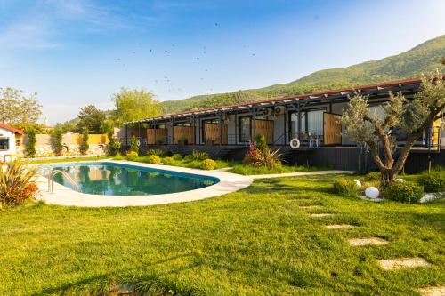 a house with a swimming pool in a yard at Golyaka Stone Garden Hotel in Orhangazi