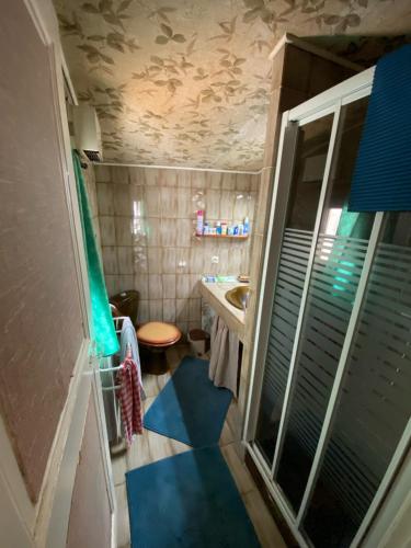 une petite salle de bain avec un lavabo et une douche dans l'établissement presqu'il de st Mandrier sur mer var location saisonnières, à Saint-Mandrier-sur-Mer