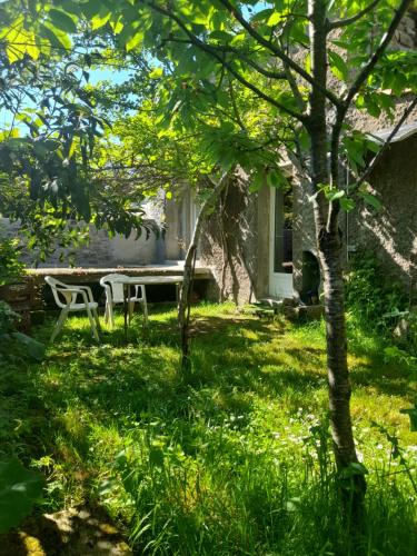 - une table et des chaises dans la cour d'une maison dans l'établissement 9kms de clisson studio dans petite ferme bio, à Maisdon-sur-Sèvre