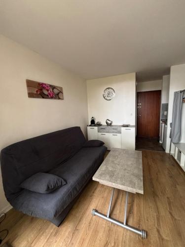 un salon avec un canapé noir et une cuisine dans l'établissement Studio cosy avec parking et balcon, à Toulouse