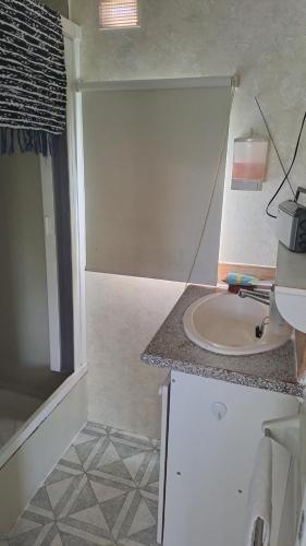 La salle de bains est pourvue d'un lavabo et d'un comptoir. dans l'établissement Le fief, à Le Tablier