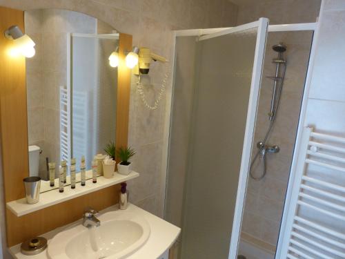 une salle de bain avec un lavabo et une douche avec un miroir dans l'établissement Appartement Elody - Villa Cocooning, à Houilles